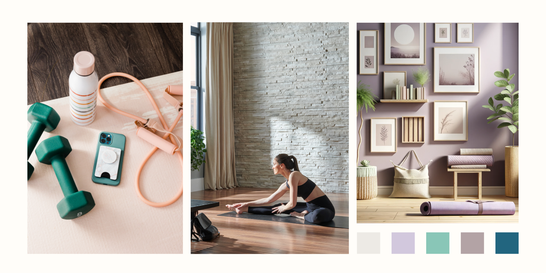 A home workout space with sea cliff - European ledge by Eldorado Stone. Fitness equipment including green dumbbells, a coral jump rope, a white and coral striped water bottle, and a smartphone with a turquoise case on a yoga mat. In the background, a woman performs a seated yoga stretch in front of a wall with a natural stone texture, symbolizing wellness integrated into home design.